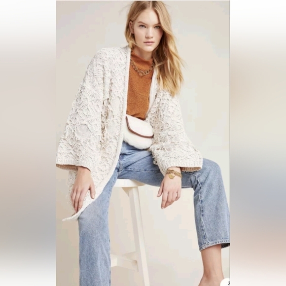 Anthropologie IONE textured Fringe Diamond Knit Open Front Cardigan Akemi + Kin - Picture 2 of 8
